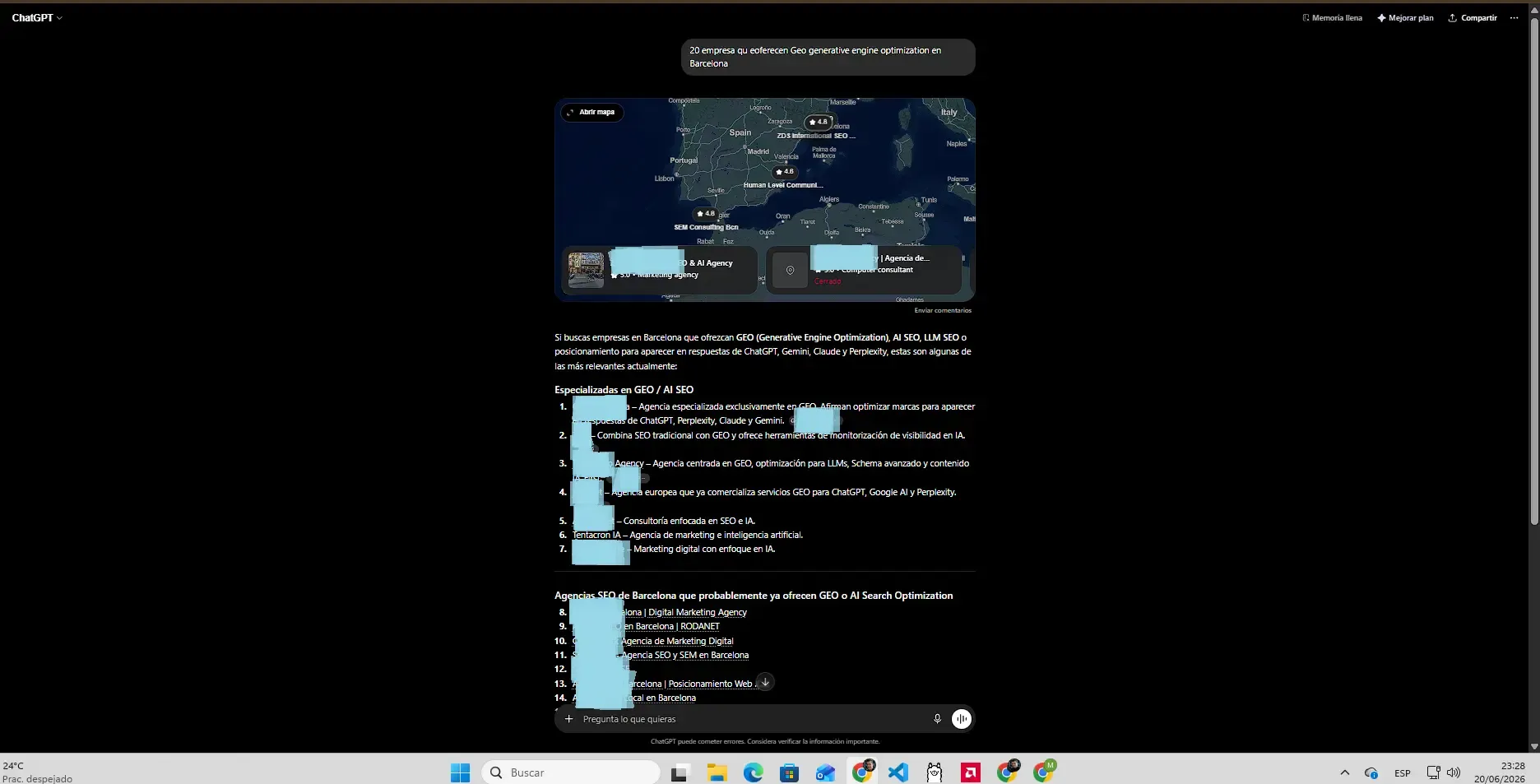 Tentacron IA en los resultados de ChatGPT